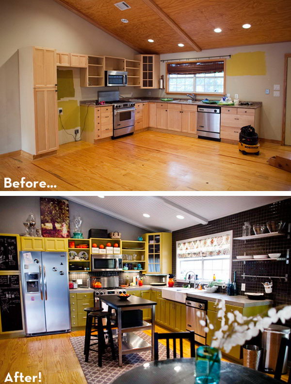 Before & After: A Colorful DIY Play Kitchen! If you're ready for an upgrade of your old fashioned oak cabinets and 80's look in your kitchen. Check out this transition to a new modern looking kitchen in this reveal. And this is really an eye candy which plays on color. I love every single detail in this kitchen and I'm sure this is a budget friendly make over that is affordable.
