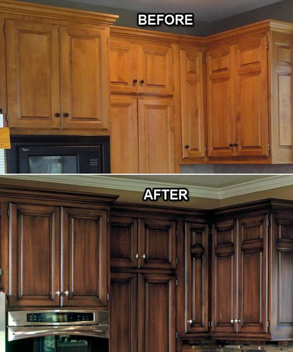 Before and After: Faux Finish on the Kitchen Cabinets. The brown cabinets made the before kitchen feel like it came straight out of the 1970's. However, a lot of the difference is due to different paint colors and crown molding! And the crown molding, new hardware and stainless give this kitchen a sleek sophisticated look. 