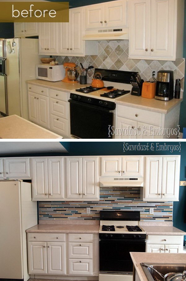 Before and After: Painted Tile Backsplash. I love the change of the backsplash, the shimmer of metallic tiles is charming. The kitchen looks much more modern and stylish now. But can you believe the backsplash is paint, not tile. 