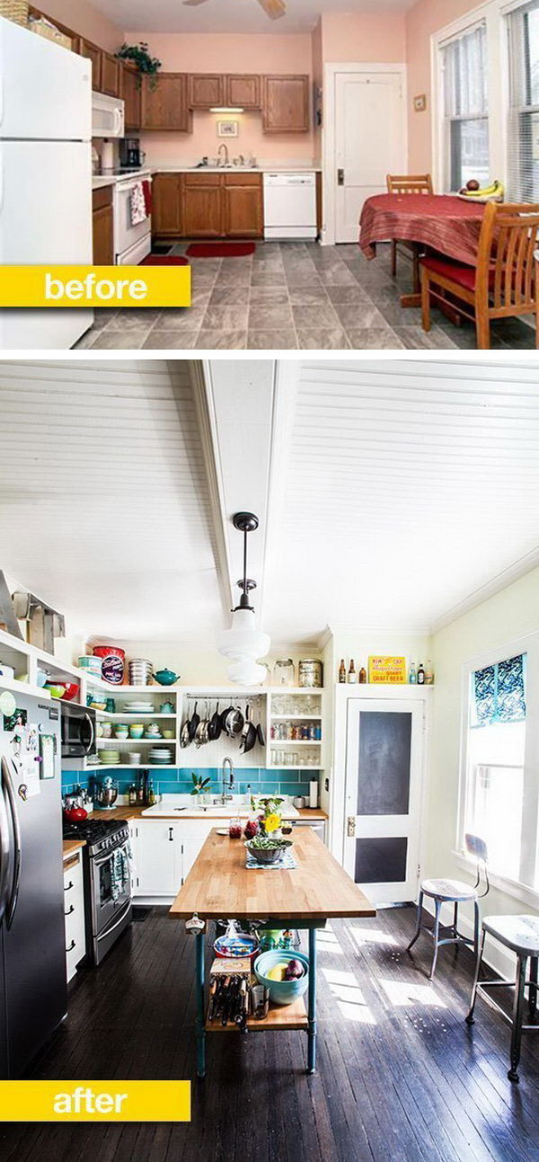 I love everything about this kitchen, the  sink, the  chalkboard door, the flooring, the industrial kitchen island and chairs, the open shelving, and that blue tile backsplashes.
