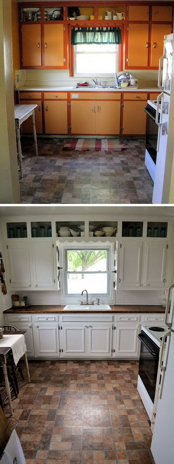 Wow, what a transformation.  It's light, bright and very charming.  I love that they replaced the cabinet facing and replacing of  wood counter tops which gives a worm and  rustic look fitting the tiles very much. The ugly outdated kitchen now is pretty stylish with the minimal remodeling. See how to feature it 