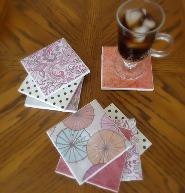 DIY Tile Coasters. These tile coasters are cute, cheap and easy to make. All you need is some decorative paper napkins or scrapbook paper, some square ceramic tiles. They will be very practical as the table centerpieces in the dinning room. Get the tutorial here.