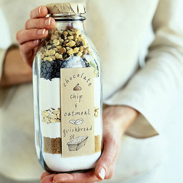 Bread in a Bottle. Lay the dry ingredients for easy quick bread into a milk bottle to give your friend a head start for the delicious bread  in a cheap and easy way.