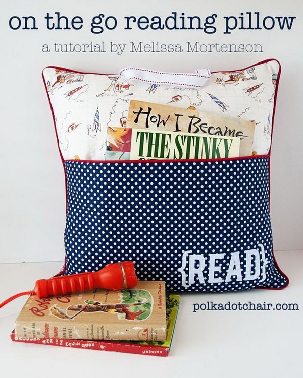 Reading Pillow. If you happen to have a friend who like reading at night. It's perfect to sew this reading pillow with a pocket for book for your friends. It's cheap but it may take you some efforts to create this pillow for good usage.