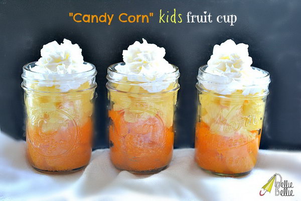 Candy Corn Fruit Cup.  Place a layer of mandarin oranges inside the bottle, add a layer of pineapple above them and top with whipping cream to prepare this delicious gift for your friends without costing you so much.