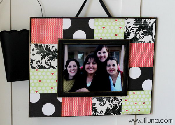 Scrapbook Frame. Paint the board for both sides, arrange scrapbook paper on board to create a beautiful design as you like. Add ribbon and velcro to finish off your unique color coordinated frame gift in low cost.