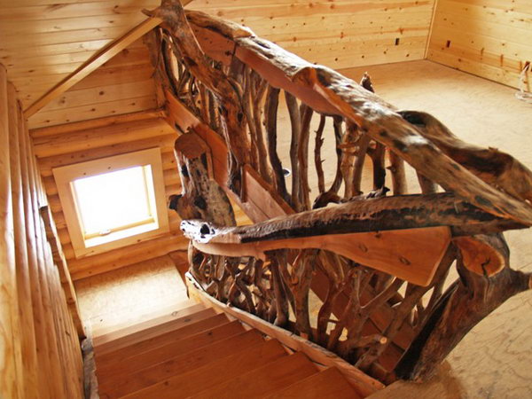 Thick, rough-cut tree railing.  No matter what style you choose, nothing does more to determine your deck's look than railing. These creative thick, rough-cut rails add powerful muscle to the rustic look and you can have a try on your own deck.