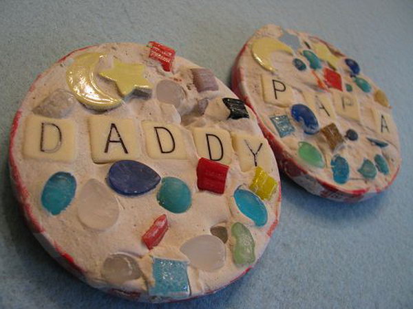  DIY Mosaic Coasters for Father's Day.  This beautiful mosaic coasters can be made with many materials like plaster, tiles and pebbles. Kids can place words to show love to Dad on it.  See the tutorial here.