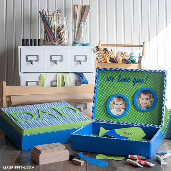  DIY Father's Day Treasure Box. What a great show box filled in love notes. I love this idea to tell how much father means to kids. Learn the tutorial here.