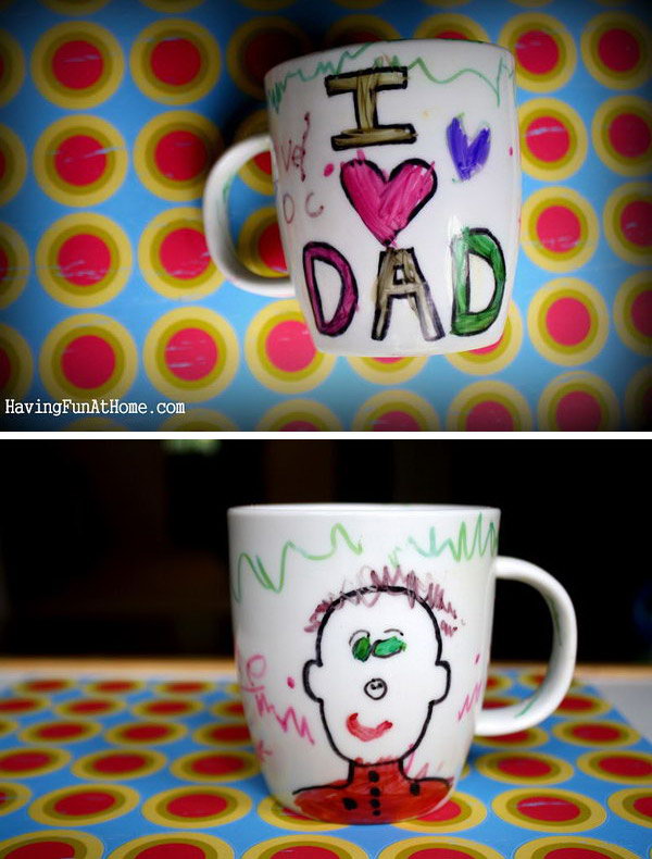 DIY Father's Day mug. Fun sharpie muds made by kids are been hot for a while now. And for this Father's day, you can make one to treat your loved Dad. The method is very simple. Get start with the tutorial here.