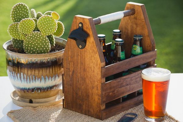  Wood Beer Caddy. This DIY wood beer caddy is great for Daddy's summer BBQS and a personalized gift for this coming Father's day. And I love the wall-mounted bottle opener so much. What you need to do is giving it a lift by decorating this with beautiful colors or drawing. Learn the tutorial here.