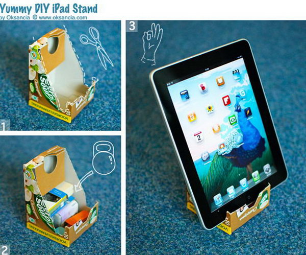 DIY yummy iPad stand.You can make use your favorite cardboard boxes to make an iPad stand. But you should remember to put something heavy inside to keep the steadily. 