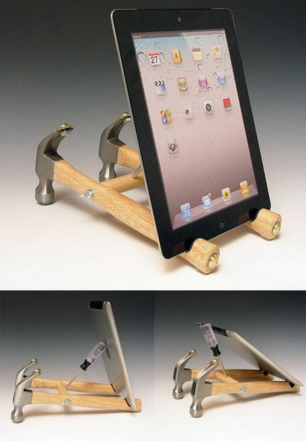 DIY hammer iPad stand. This is probably the most amazing, and yet the least practical iPad stand I've ever seen. It is made from a pair of hammers, a screwdriver and some old coins and bolts. 