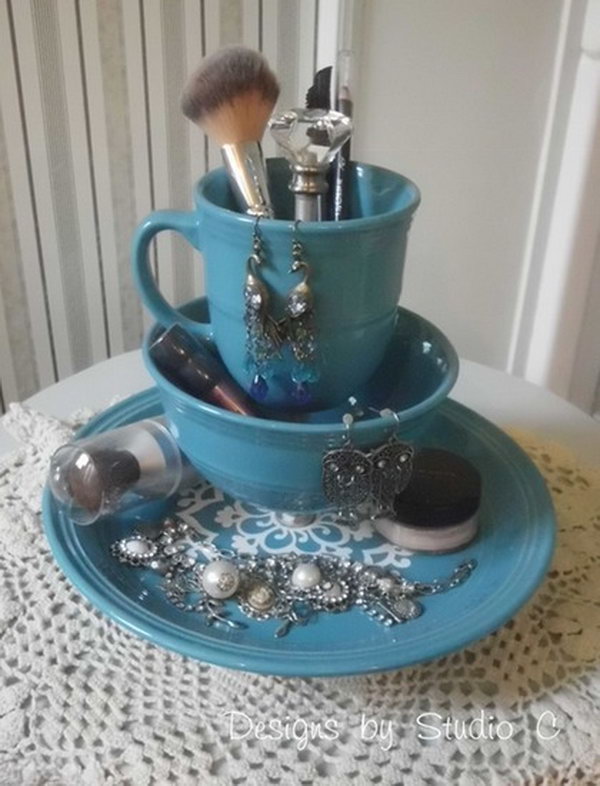 Makeup organizer from old dinnerware. You probably find some old dinnerware in your kitchen. It's a big waste to just throw them away. Transforming them into a super precious makeup and jewelry holder is a super creative way to repurpose them. To learn how to do this DIY exactly, please head to tutorials here.