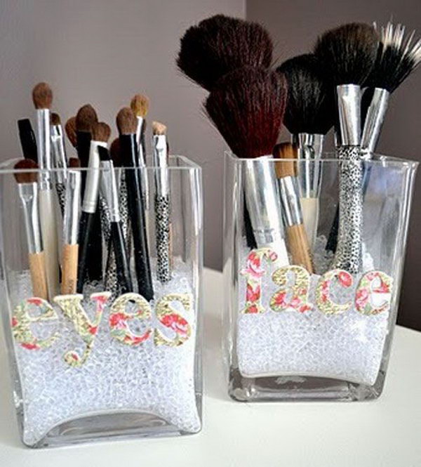 This is a simple idea to use the old glass containers to make a brush organizer. Lable the category names of your brushes for using next time. 