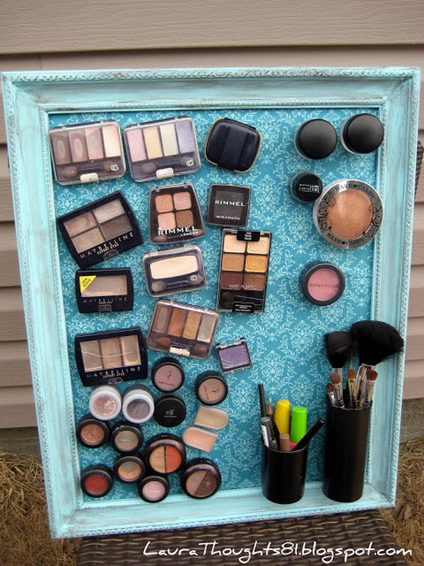 DIY Make-up Magnet Board. This magnetic makeup board adds more elegance to your bedroom as it hangs near your dresser. You stick magnets at the back of all your cosmetics and voila. With a nice frame metal plate, all of your makeup will be well-organized on the magic board.