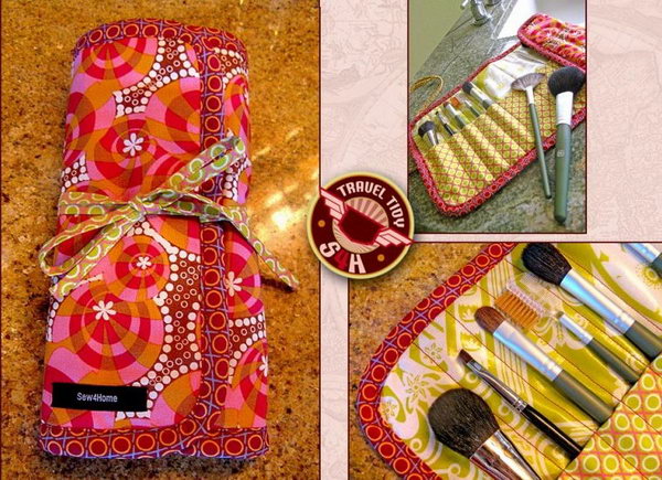 Fashionable Roll-up Makeup Brush Case. With mediocre sewing skills and some productive time, you can make this perfect roll-up makeup organizer in no time. It's super convenient to carry when traveling. 