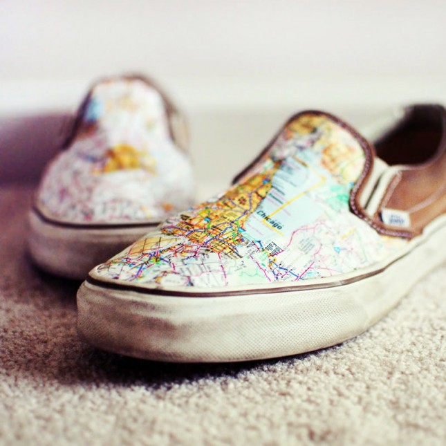 Map Shoes. Add mod podge on the canvas shoes to glue and seal the map pieces. It's really eye-catching if you wear this pair of shoes full of artful sense on the street.