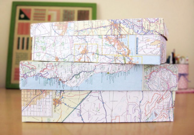 Map Covered Shoe Boxes. Wrap up your shoes boxes with map paper to transform it from the plain look into a trendy one. This  creative idea suits not only for shoe boxes, it also applies for gift boxes as well.