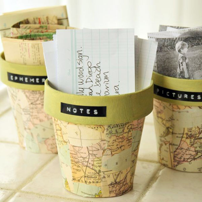 Map Pattern Pot Project. Decoupage torn pieces of the map paper, paint the inside with color coordinates with the map patterned paper. You'll finish off this pot project of map pattern with its fantastic outlook.