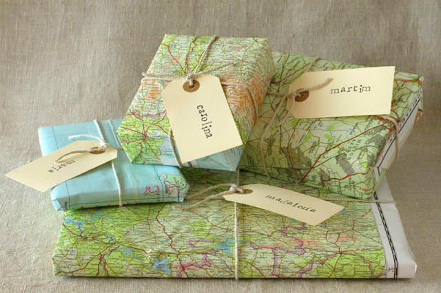 Vintage Map Packaging. Wrap up your gifts with vintage map. Tie the string and mark the coordinated labels to finish off your eye-catching package for your gift in this vintage style.