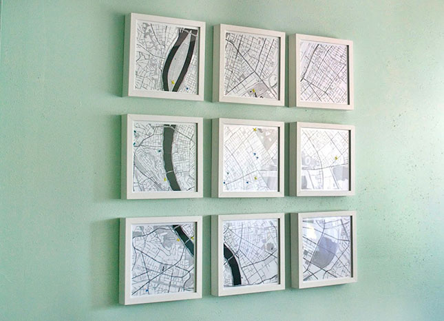 Map Wall Art. Print map tiles with places your often go to on card stock and put them in Ikea frames. Use wax pencils to mark off your favorite places. It serves as a stunning decor to enhance the aesthetic sense of your room decor.