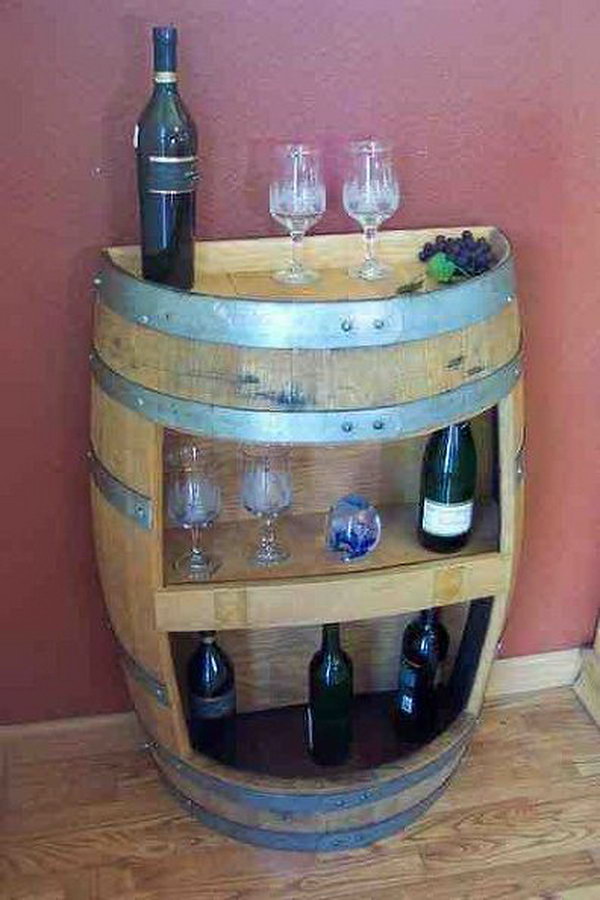 DIY Barrel Mini Bar. This mini wine bar is made from the old barrel. If you have a barrel in your garage, just take out and create one from yourself. 