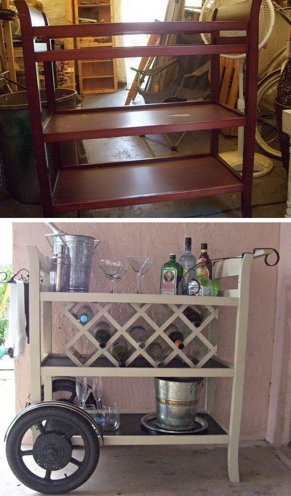 DIY Wine Bar Cart.A little paint for a baby changing table and turn it into a great new wine cart bar with wheels and metal scroll accents. See all the details here.
