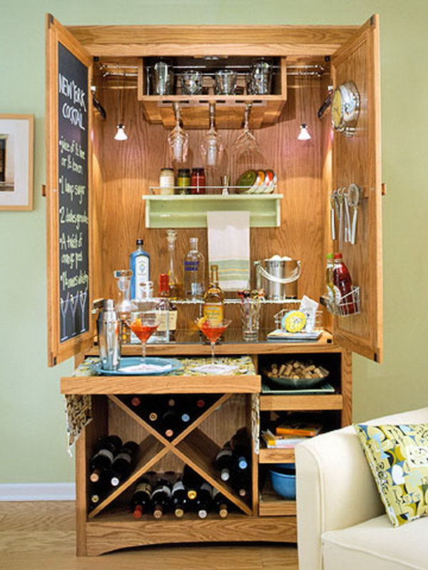 Unfinished Storage Cabinet Turned into a Wine Bar. 