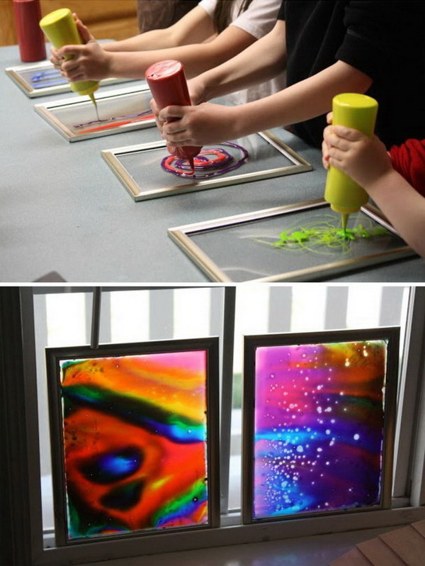 Window Art with Dollar-store Frames. Dollar-store frames are ideal for making window art with glue and food coloring. This is a project that your kids can help and enjoy making. It is super pretty when the light shining through. 