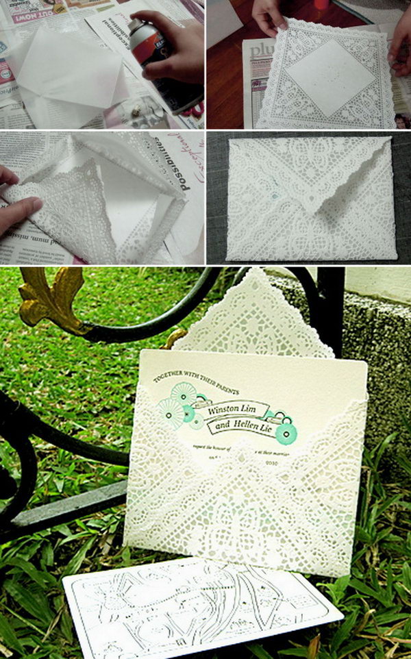 Lace Paper Doily Envelopes Doily Envelopes. Use doilies,tracing paper and an art card to make your wedding invitation envelope prettier and less bulky. Here is a step-by-step direction for your inspiration. 