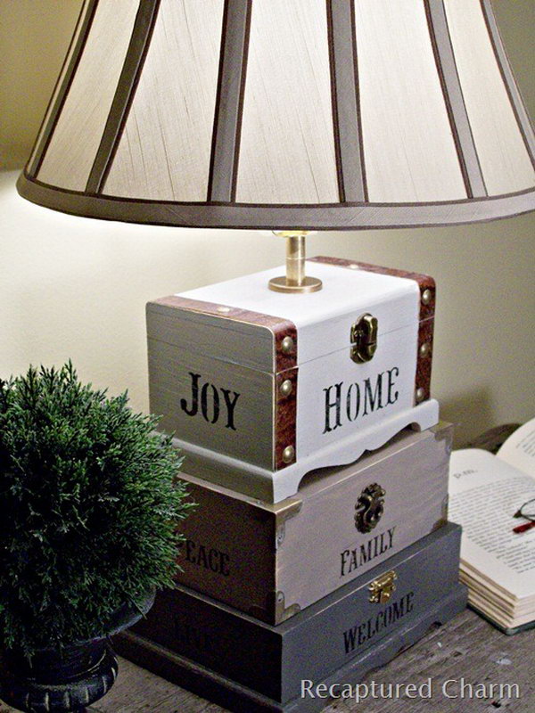 Craft Box Lamp. The little wooden trinket box from the dollar store does not just used as its own. You can paint them up the way you like and create a unique lamp for any room. Lamp kits can be found at any hardware store. Start to create one for your living room. See details here.