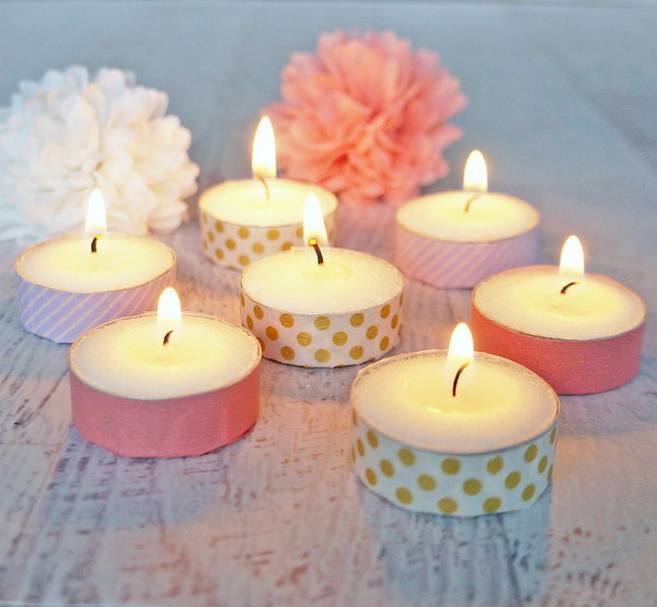 DIY Washi-tape Tea-Light Votives. These pretty and adorable wash tape votives is a great project as a decor for a wedding , party or just as something to decorate your room. You can create them in different colors and styles. 