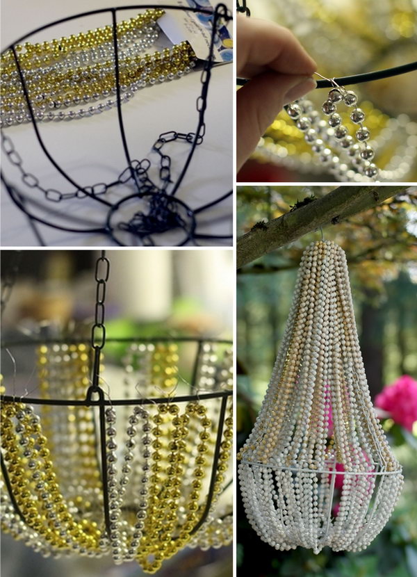 DIY Beaded Chandelier. This lovely beaded chandelier is made from a hanging basket from the dollar store as well as some Mardi Gras-style beads. I like using it as a decor in my backyard. See more details here.