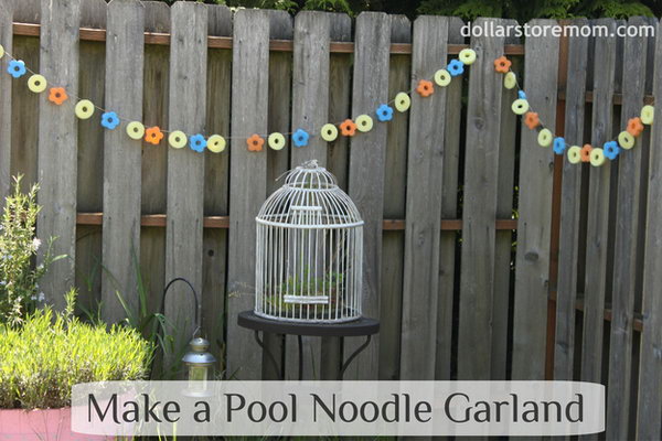 Waterproof Garland Made with Pool Noodle. This pool noodles garland is really an awesome and EASY project. It is a perfect decor to your yard because it’s weather-proof, plus it adds such a bright and playful element. 