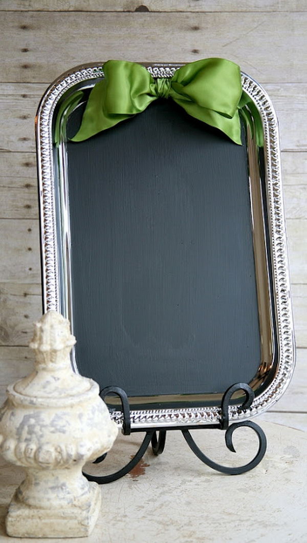 DIY Welcome Board in Wedding. Buy a tray from the dollar store and some chalkboard to glue to the tray , tie a ribbon on top. This will be a wonderful wedding decor to welcome your guests with calligraphy in gold-ink-pens for a welcome message. 