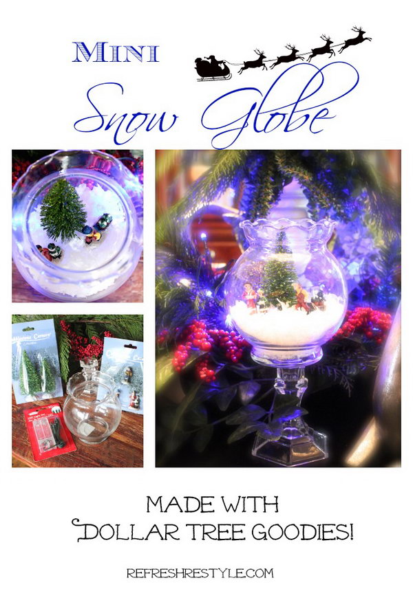 DIY Mini Snow Globe. This is a quick, easy and affordable project yet creates a little winter wonderland on your dinning room table. All you need is a glass candle holder, a mini glass globe, some fake mini decorative trees and mini people. You can buy these materials from your local dollar store. Take salt, sand or anything else white as the fake snow. Here is a step-by-step tutorial for you. 