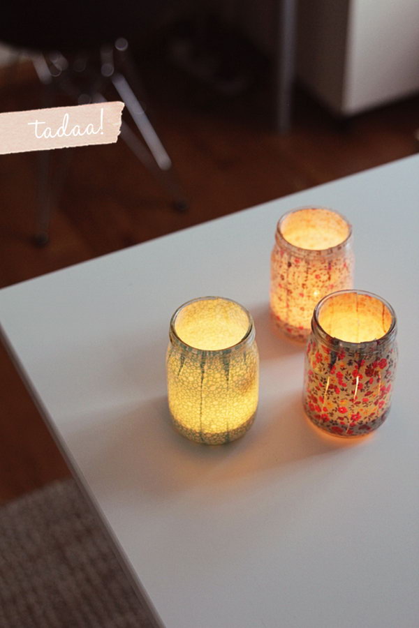 Sweet DIY Votives. Glue patterned stripes inside the mason jar to cover it completely. Place only battery operated tea-lights instead of candles to create a dreamy and romantic outlook for your dorm room.