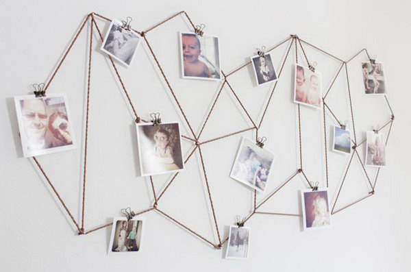 DIY Geometric Photo Display. Use bronze jewelry cord to create a stunning background to display all your photos. Use little binder clips to attach all your pictures. It's so great to decorate your dorm room in this fantastic geometric decor and display your sweet memories.
