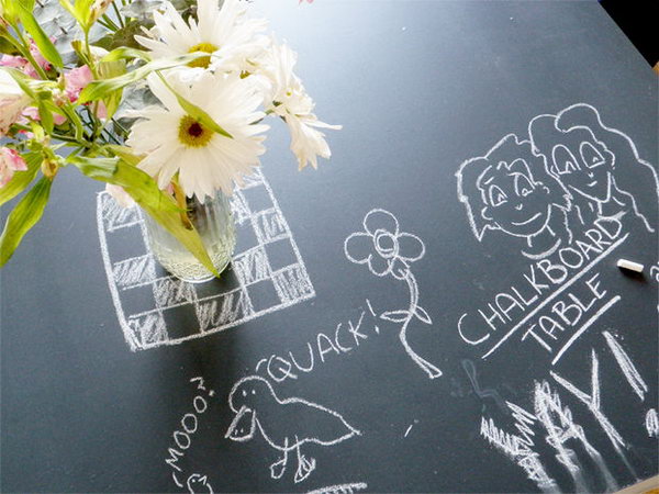 Chalkboard Table. Glue wood bars parallel and place a board over top, paint the surface with chalkboard paint. It's so great to spice up an ordinary table in girls' dorm room.