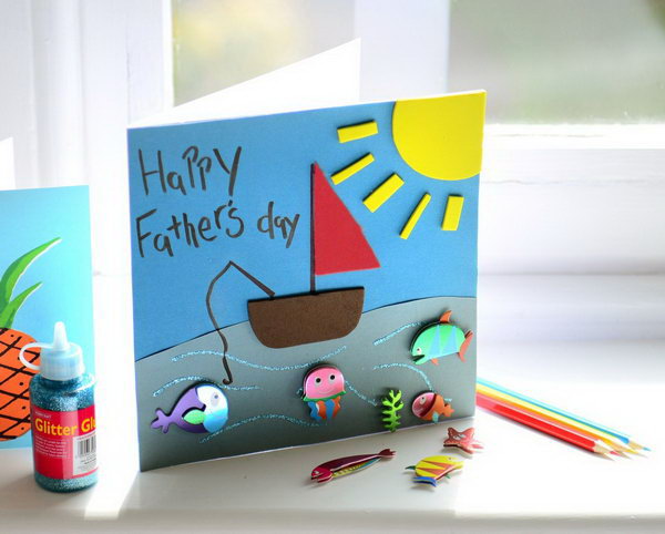 A Fishing Card. This is a quick project need no more than 30 minutes to feature with kids.  And it's really colorful and impressive. See the step-by-step here.