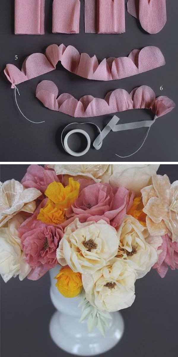DIY Crepe Paper Flowers. Cut and fold the crepe paper to create the petal shape and form flower. Secure it with floral tape and pull edges of petals to create the stunning outlook of paper flowers displayed in flower vase in a dreamy and sweet look to catch your friends' attention.