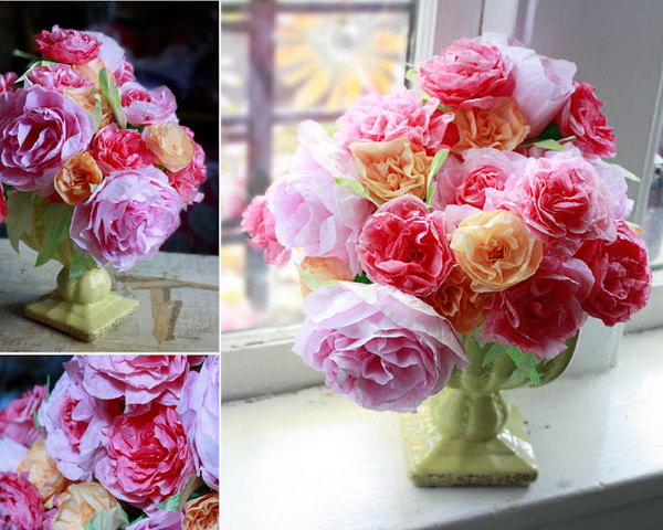 Coffee Filter Roses. Stick the spiral strip to the masking tape, squish to pleat down the strip. Wind the tape around the straw to make the stem. Just display them in exquisite arrangement in flower vase to create a gorgeous visual effect.
