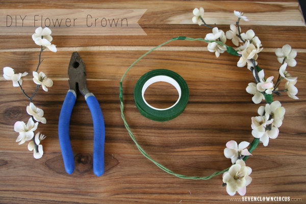 DIY Flower Crown. Get two pieces of stem wire and twist two ends to make a long one. Cut sections of bloom with wire cutters. Attach flowers to the crown with floral tape. You'll get this beautiful spring floral crown for beautiful decor to be a princess.