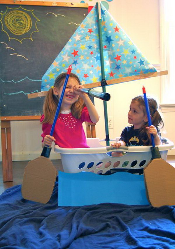 Laundry Basket Boats. Grab the laundry basket as a boat  and use the cardboard and broomstick as the paddles and ship off!  Your kids will  get more fun when traveling by this boat. See more here