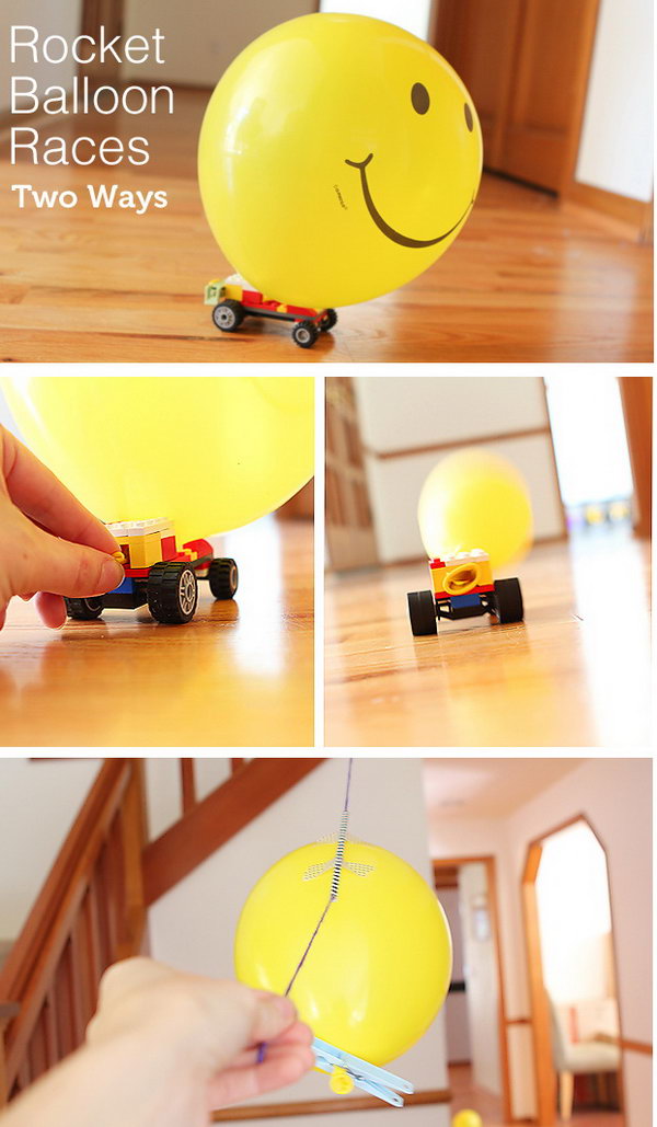 Balloon Powered Races. Kids always love balloons.  Round up some balloons, strings, and LEGOs to create this activity of  balloon powered race. This project may take a little more work, but the end result is a day full of  happy memories for your little ones.  Learn more here.