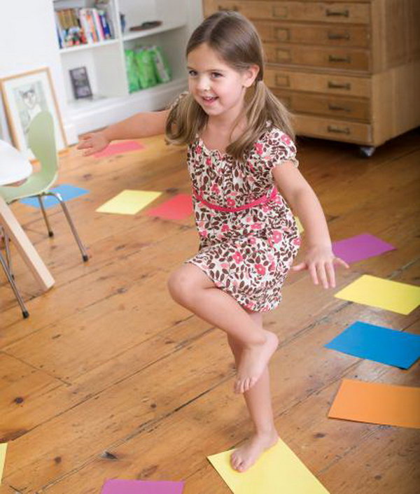 Game with Color Walk. Get your kids off the couch and exercise with this jumping game. Have a stack of paper with different colors lay down in a path all through the house. Keep colors separate. Kids will be enjoyable to challenge various jumping patterns. Say, can she make it from one end of the house to the other just by stepping on certain colors? 