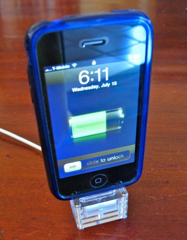 Quickie Laser-cut iPhone Dock. Create this iPhone dock with four slices of acrylic. The top two with oval opening to fit the connector, the third one with a channel to go through the cable and the last one with bottom slice to keep the cable from falling out. You must like this brilliant design to display your device.