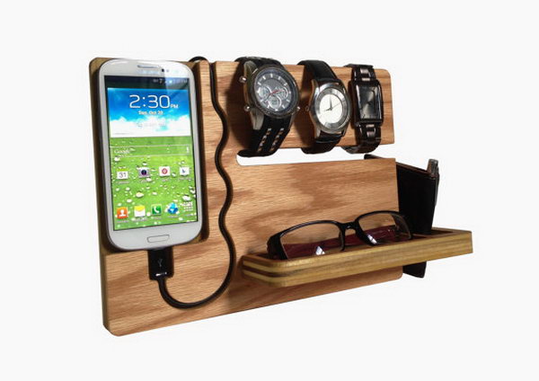 Watch and iPhone Dock. The watch and iPhone dock features rich solution to display your items. The integrated slot can keep your watches, the carved pocket can store your sunglasses and the side slot can store your wallet. It's perfect to display your iPhone and keep your items organized.
