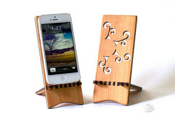 Beautiful iPhone Wood Stand. This iPhone stand is perfect to display your iPhone at a nice angle while it sits on your desk. In addition, the pieces of stand can slide apart easily to make it travel friendly.